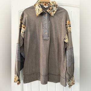 POL Womens Gray and Tan Patchwork Shirt